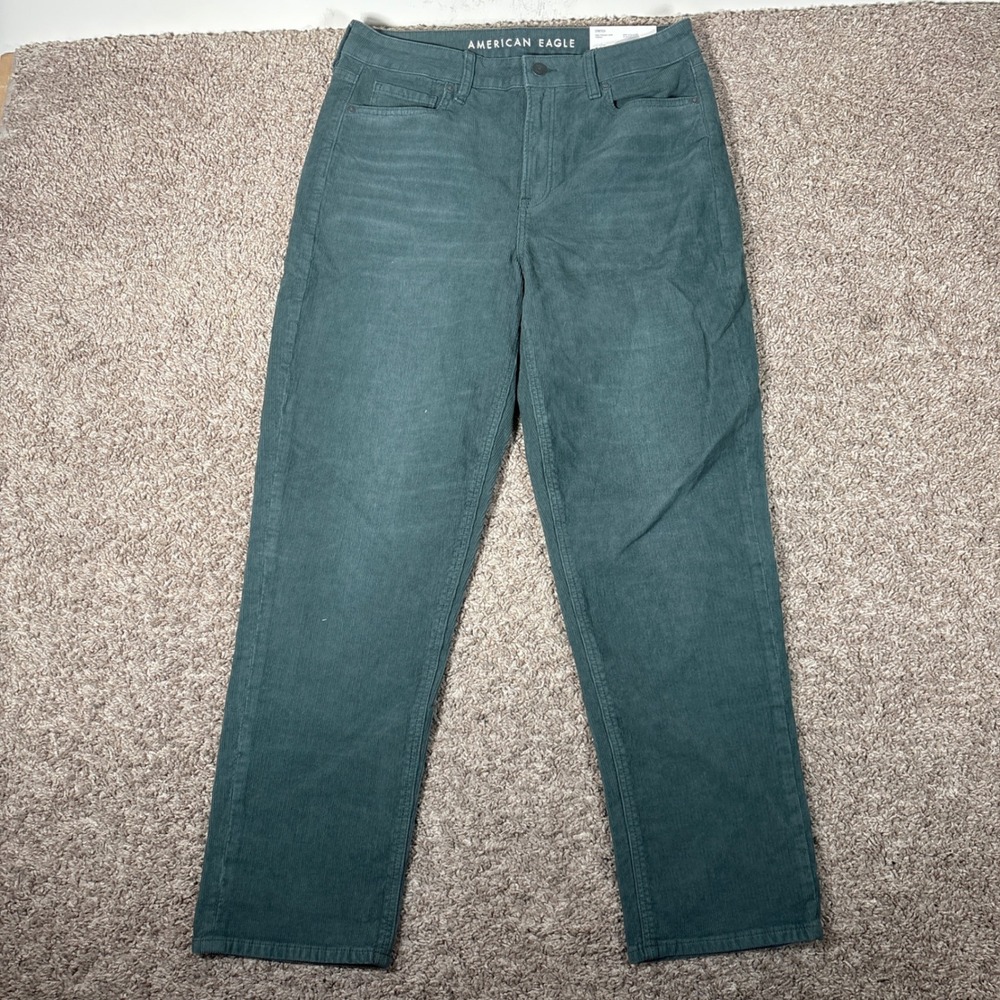 American Eagle Mom Straight Corduroy Pants Forest Green Super High Rise‎ 10